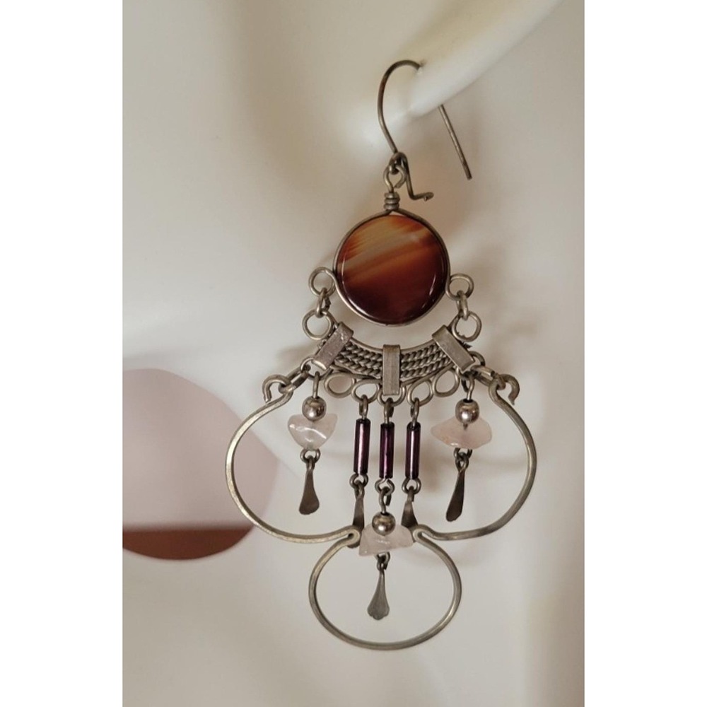 Chandelier pierced Earrings Vintage Boho Ethnic Tribal Agate Quartz Silver tone